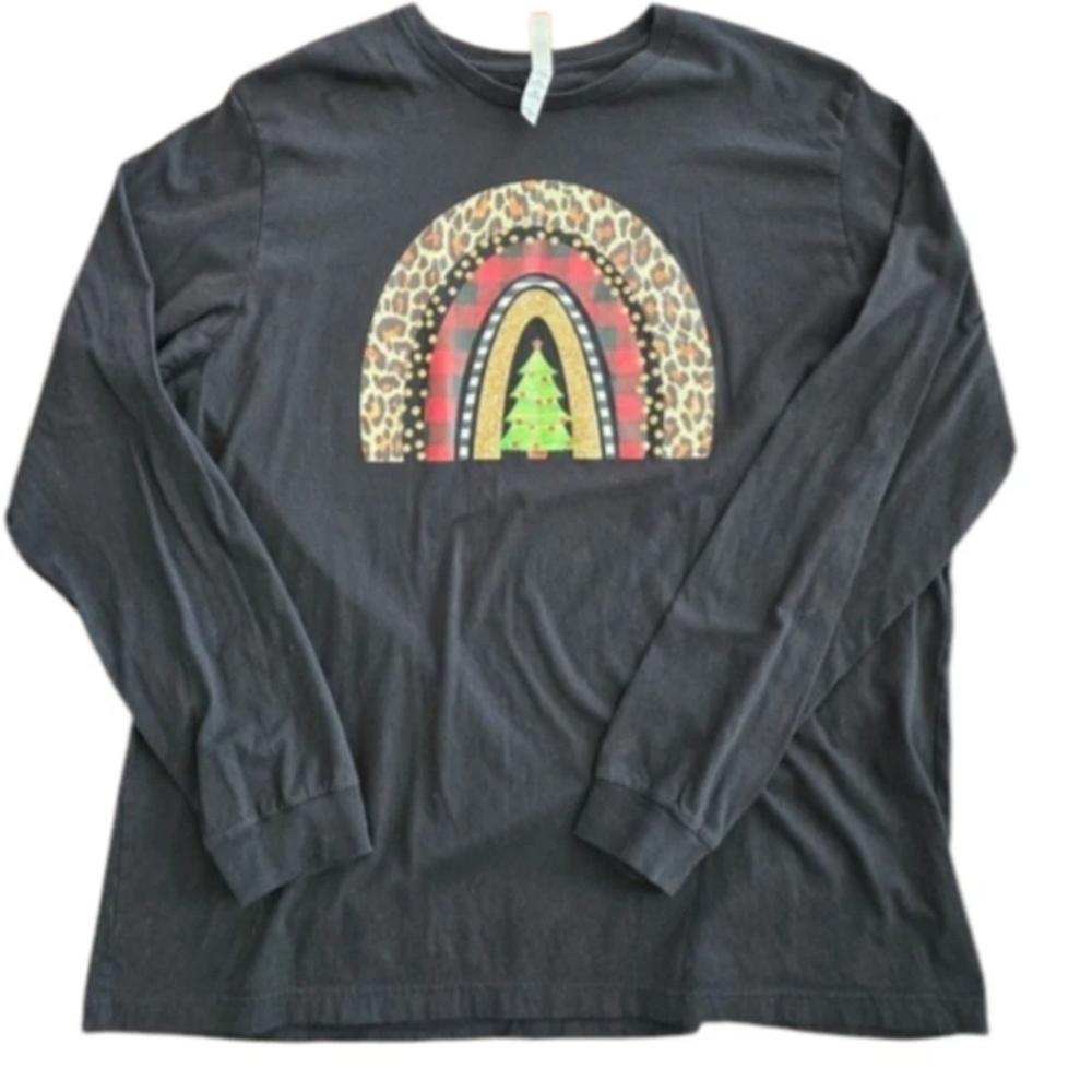 Christmas Long Sleeve Black T Shirt Leopard Plaid Christmas Tree Size 3X Holiday - Picture 6 of 6